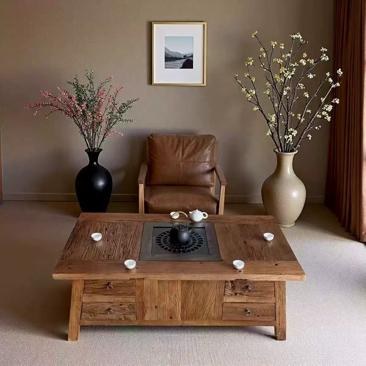 侘寂风围炉煮茶桌户外炭火烧烤火锅桌家用阳台喝茶桌复古餐桌茶桌