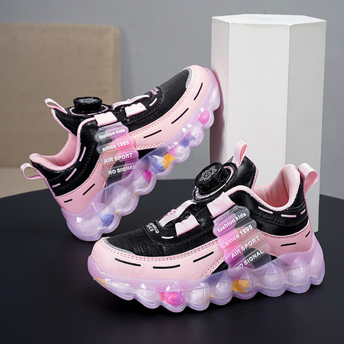 Kids' Shoes 5-8 Years Old Leather Surface Sports Shoes 2025 Model Boy's Rotating Button Shoes Children Breathable Mesh Running Shoes