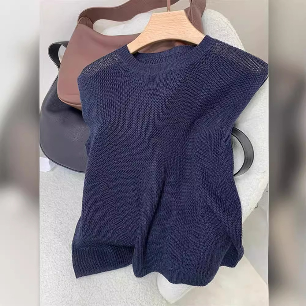 Women's thin ice silk linen round neck knitted vest, summer loose fit, layering, inner vest, sleeveless top, wearable on its own