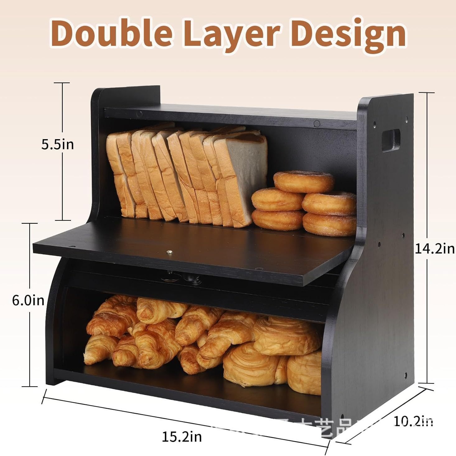 Caja de pan de madera maciza, mesa de cocina, caja de condimento, caja de punto tipo solapa, caja de almacenamiento de madera maciza de doble capa con soporte para vajilla