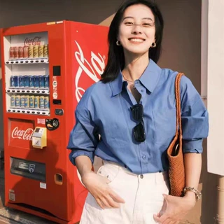 定染法国蓝衬衣春夏季上衣后背弧形宽松舒适双排袖扣丝光棉衬衫