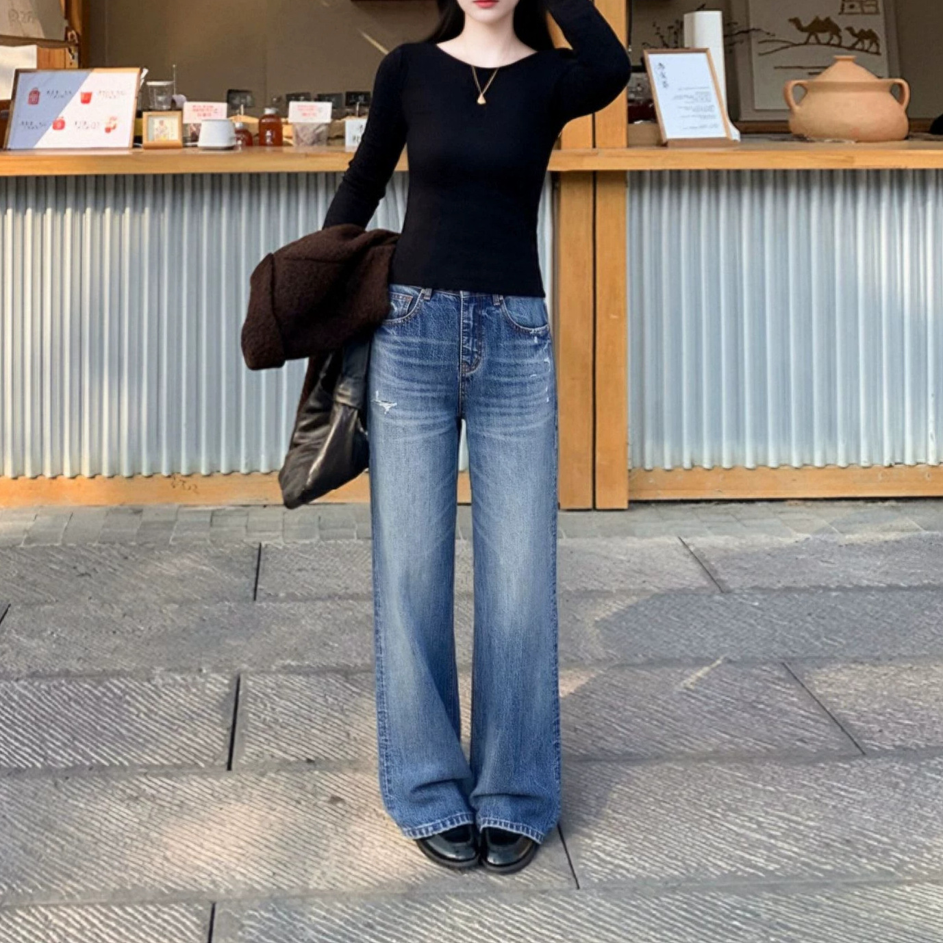 韩系ins高腰复古磨破阔腿牛仔裤女2026秋季新款直筒宽松显瘦裤子