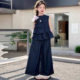 女童夏装2025新款洋气女大童牛仔荷叶花边背心阔腿裤休闲夏季套装