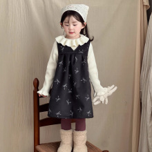 一麦秋冬新款童装女童复合一体绒背心裙儿童洋气蝴蝶结加绒连衣裙