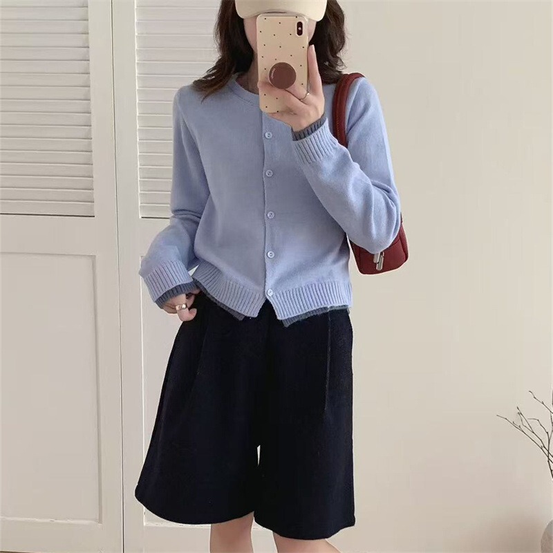 KANING韩系设计感撞色假两件针织开衫2025秋冬新款圆领撞色毛衣女|undefined