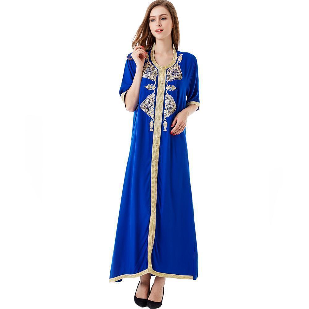Muslim Long Embroidered Robe Arab Women's Middle Eastern Clothing Short-sleeved Flared Dress_ecoleips.com