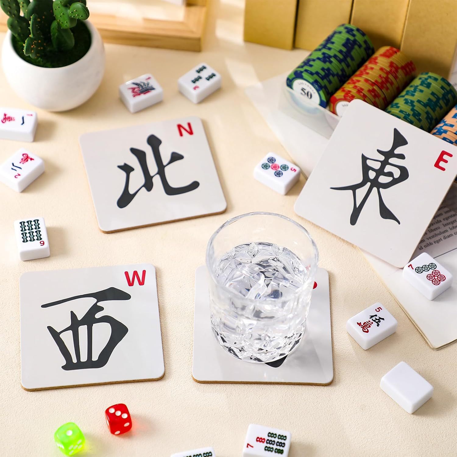 麻将杯垫彩色麻将礼品麻将杯饮料桌面游戏东南西北卡片杯垫便携