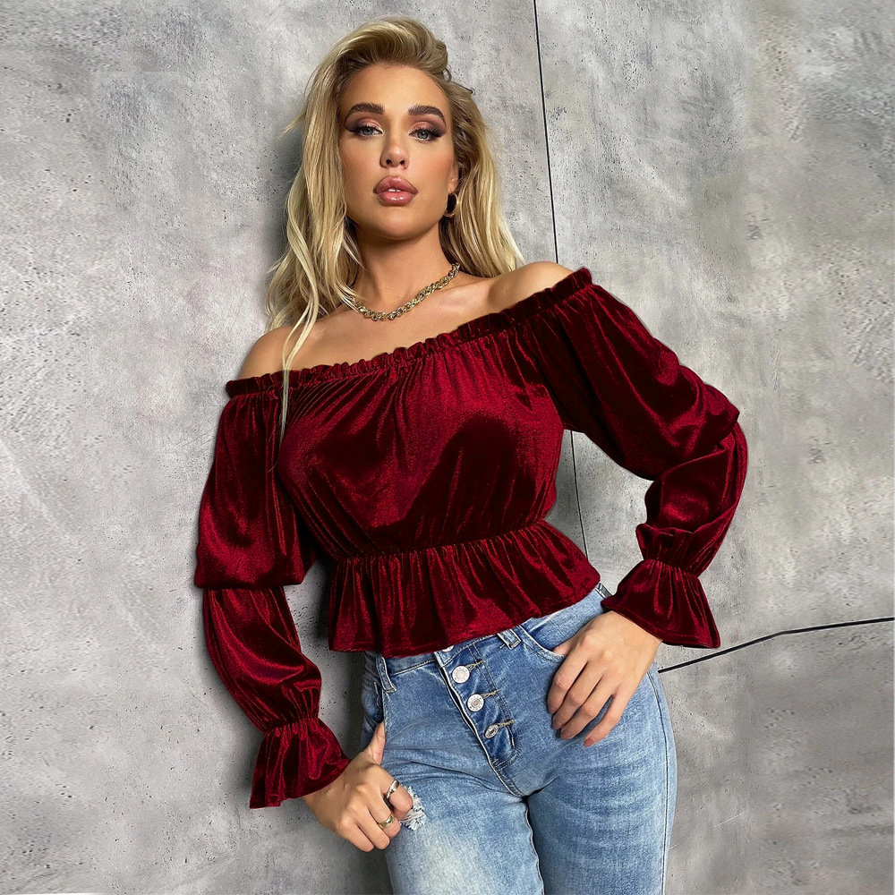 Voya Women's Clothing 2026 Spring/Summer New European And American Off-Shoulder Ruffle Elegant French Velvet Long-Sleeve T-Shirt_ecoleips.com