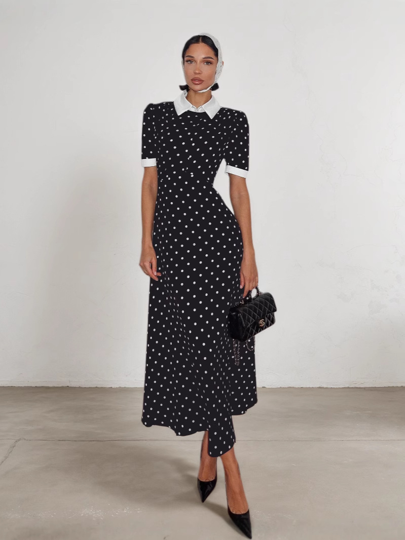 French-Style Polka Dot Print Dress 2026 Spring/Summer New Color-Blocking Fashion Elegant Commuter Waist-Cinching A-Line Dress