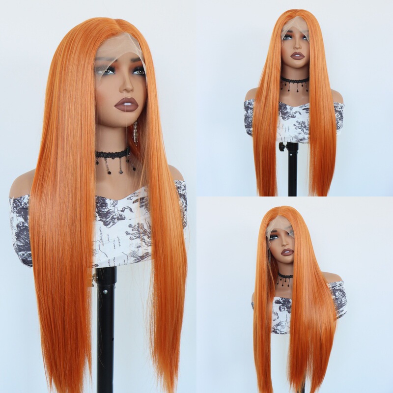 13*4 Front Lace Hand-Crocheted Wig, Orange Straight Hair, Cosplay Lolita, Freely Partable Synthetic Fiber Wig