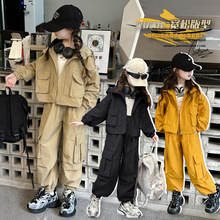 女童套装春秋季2025新款韩版洋气工装风连帽外套中大童休闲二件套