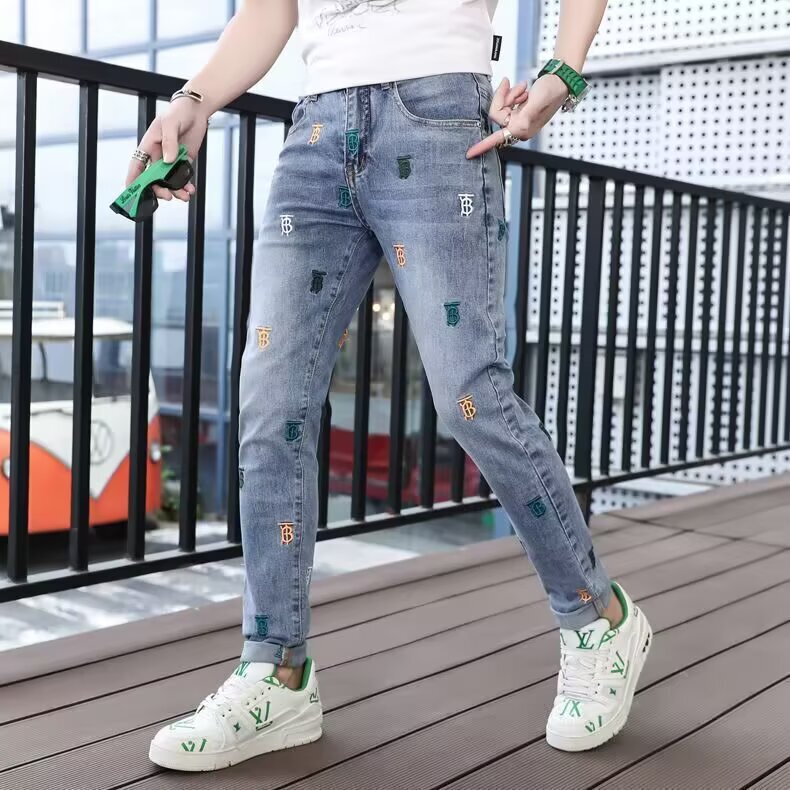 跨境新款潮牌网红提花休闲满印牛仔裤修身同款直筒男士休闲长裤子|undefined