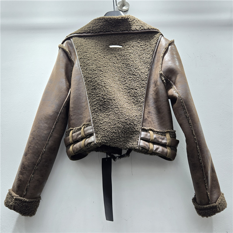 Retro americano de cuello grande abrazado abrigo de piel de invierno de mujer nuevo tipo de lana de cordero gruesa trajes de locomotora image 3