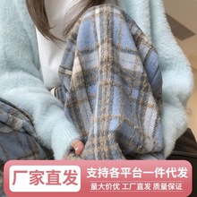 Lz蓝色毛呢格子裤子女秋冬2023新款高腰垂感休闲拖地复古加绒阔腿