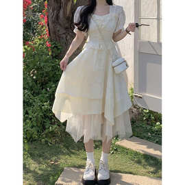 夏季新款设计感纱网拼接短袖连衣裙女法式小众收腰显瘦甜美中长裙