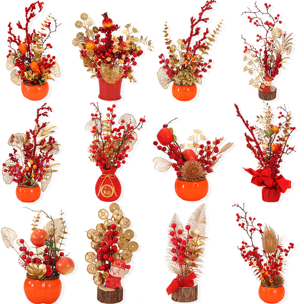 Flores de barril de bendición pequeñas macetas de mudanzas abiertas decoración de recepción de sala de estar, decoración de frutas ricas, maceta festiva