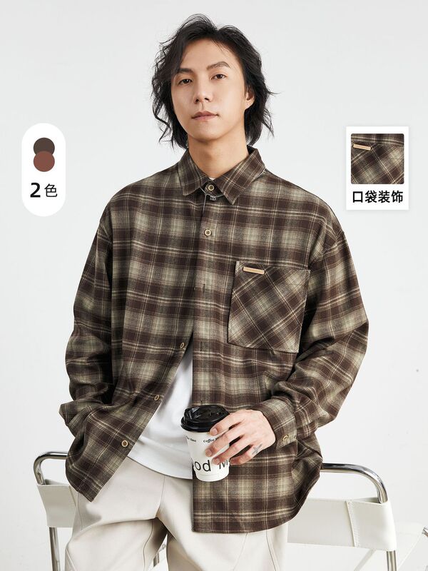 Also men's heavy flannel plaid shirt men's long sleeve spring American retro sanding pocket shirt coat