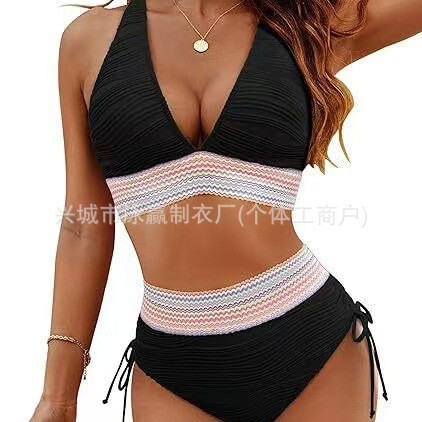 2025 Women's European and American Swimsuit High Waist Bikini Split Set V-Neck Tie Bikini Push up Amazon Hot