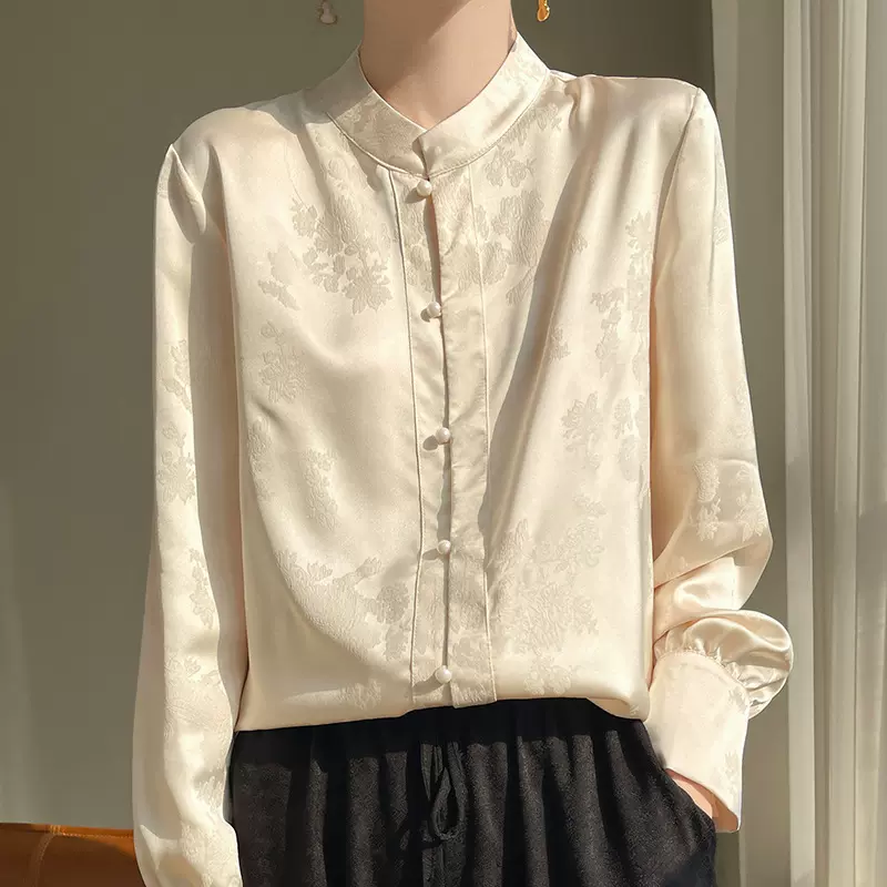 新中式国风盘扣长袖衬衫女设计感小众复古衬衣春夏新款真丝缎上衣