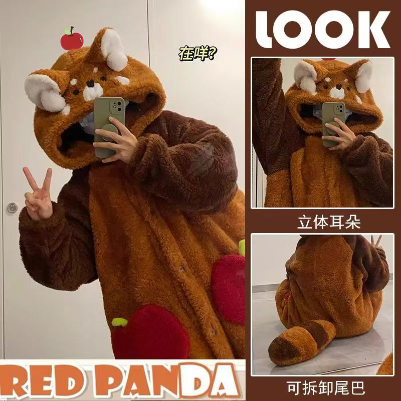 Cute Raccoon One-piece Plush Nightgown Autumn and Winter Coral Pajamas Hooded Jumpsuit Home Clothes suit Home Clothes Cute Raccoon One-piece Plush Nightgown Autumn and Winter Coral Pajamas Hooded Jumpsuit Home Clothes suit Home Clothes