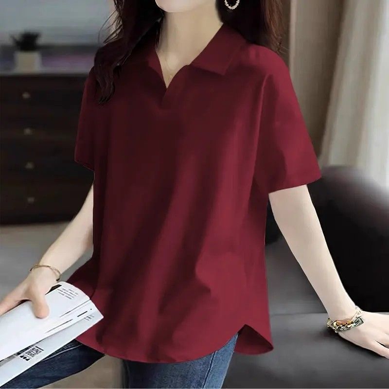 92% 綿POLO襟女装大サイズ半袖tシャツ女性ファッション夏カジュアルファッションゆるい太ったmm痩せた襟|undefined