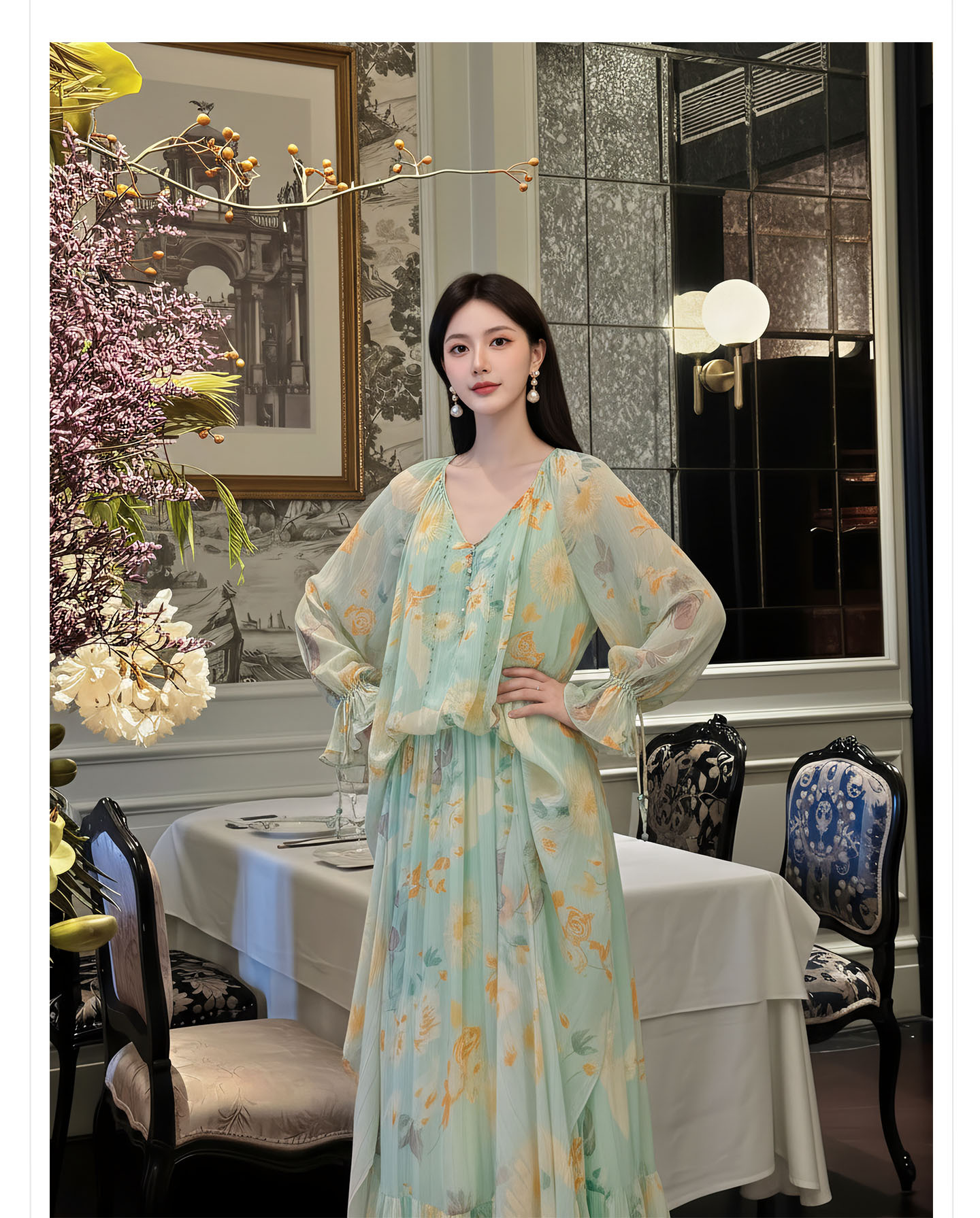 Đầm maxi nữ thắt eo phong cách Tân Trung Hoa in họa tiết thiết kế giả hai lớp — Thiên Thanh chi tiết 9