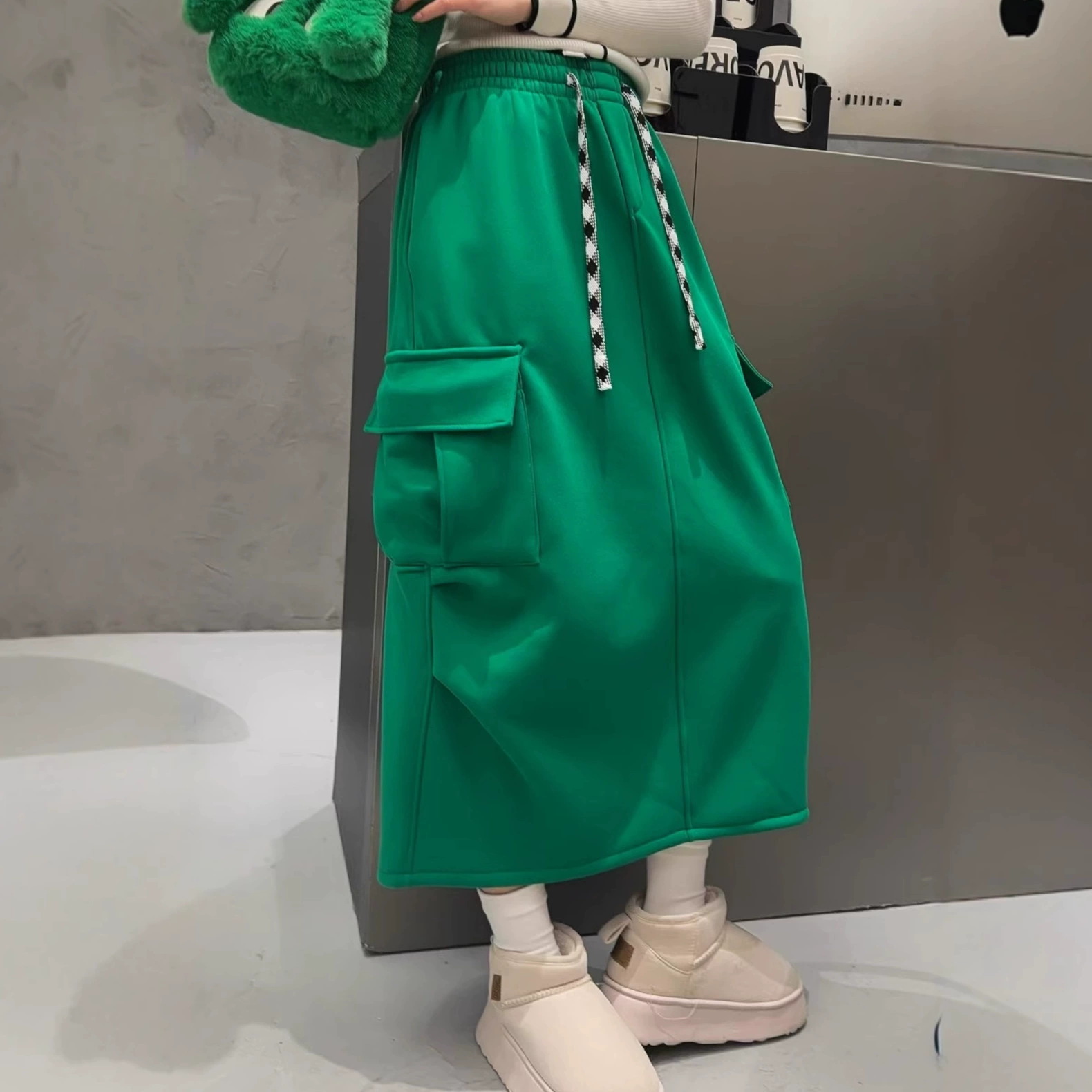 甜辣工装半身裙大口袋后中开叉直筒裙休闲裙抽绳松紧腰加绒裙子