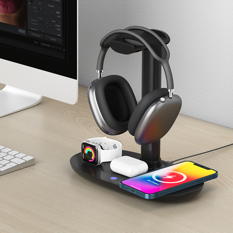 Soporte para auriculares, cargador inalámbrico rápido tres en uno para reloj y teléfono, magnético y plegable.