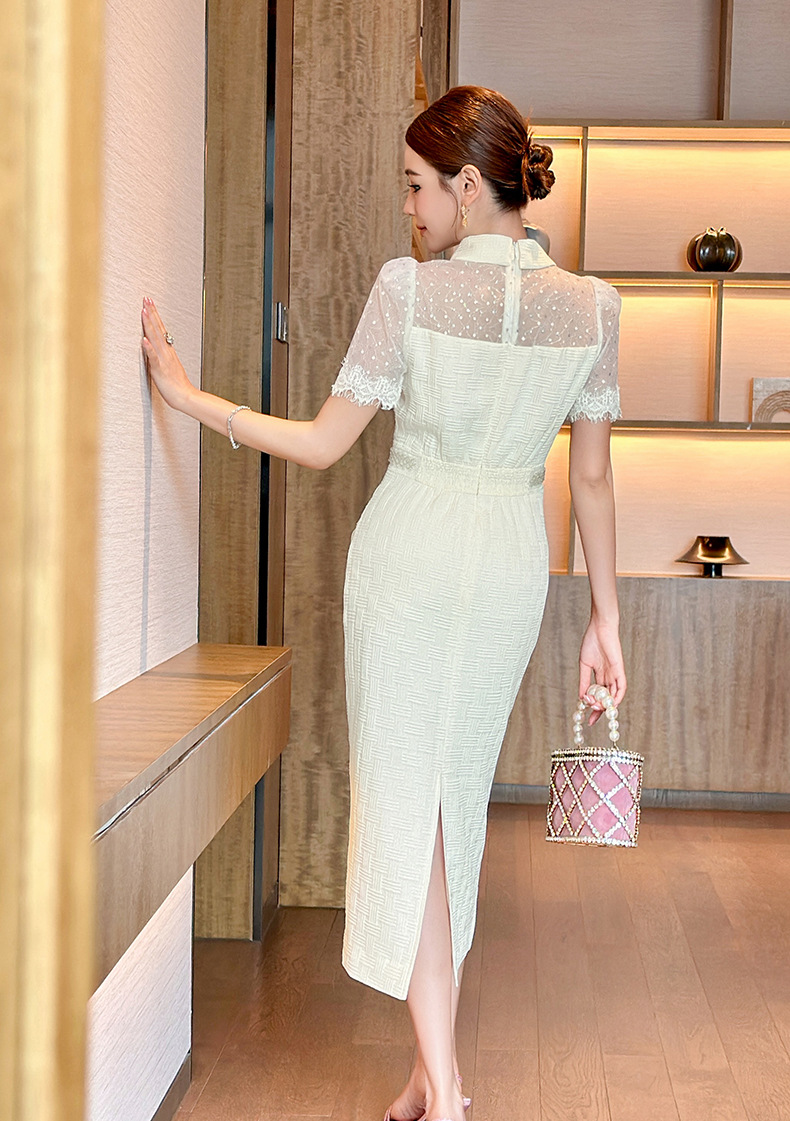 Váy đầm nữ cổ búp bê tay ngắn ôm dáng qua gối phong cách tiểu thư — Màu be chi tiết 7