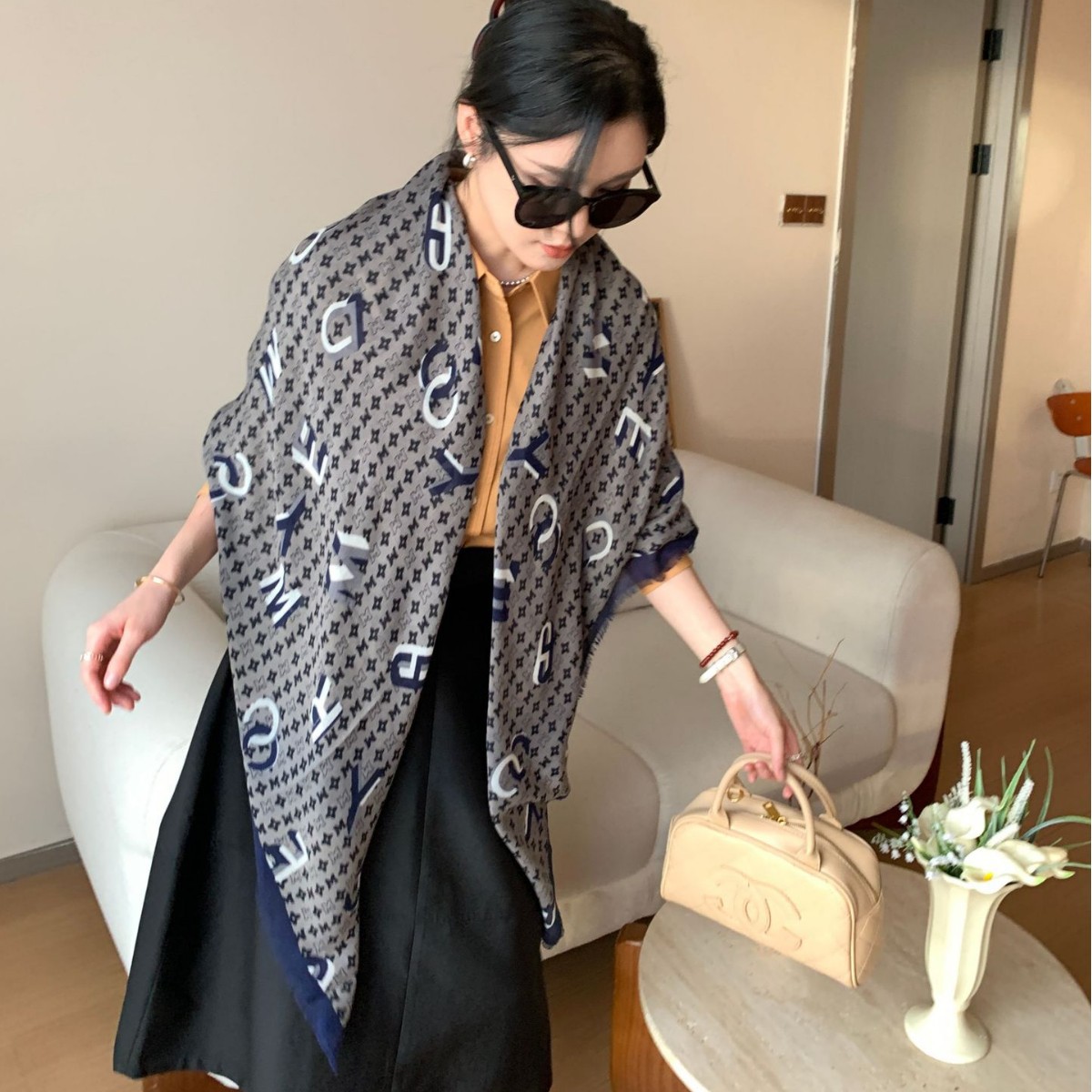 2024 otoño letras estereoscópicas bufandas nuevas bufandas de moda minimalistas, bufandas de seda protector solar delgada para mujeres