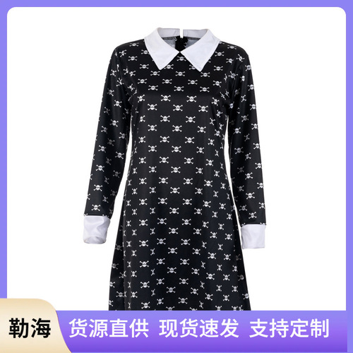 Halloween New Children's Adam Cosplay Skeleton Head Wednesday Dress Black Dress