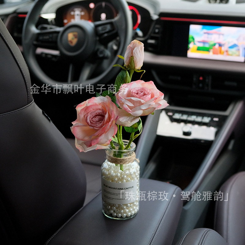 珠瓶棕玫驾舱雅韵仿真焦边玫瑰绢布花艺保时捷级车载内饰精致装饰