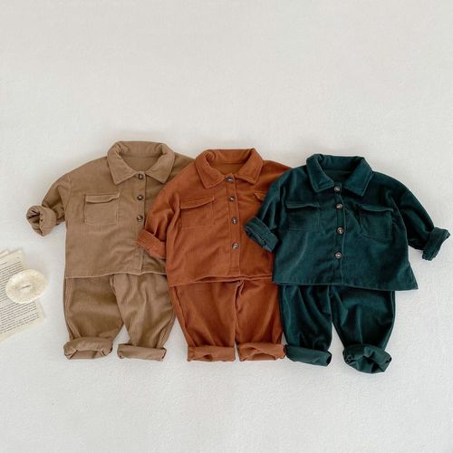 Spring and Autumn Infant Children's Male and Female Lapel Cardigan Jacket + Pants Corduroy Two-piece Set