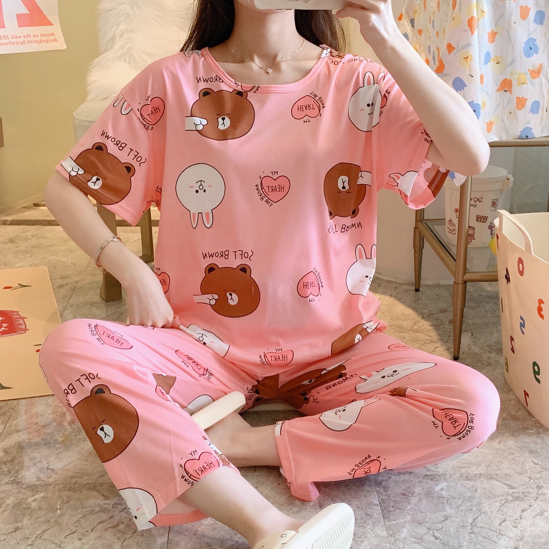 Pijamas pantalones de manga corta traje de dos piezas estudiante estilo coreano dibujos animados mujeres jóvenes delgadas primavera y otoño verano nueva ropa para el hogar