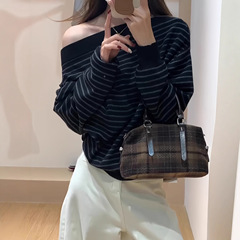 韩系纯欲风斜肩条纹长袖针织衫女春秋2025新款感时尚百搭上衣