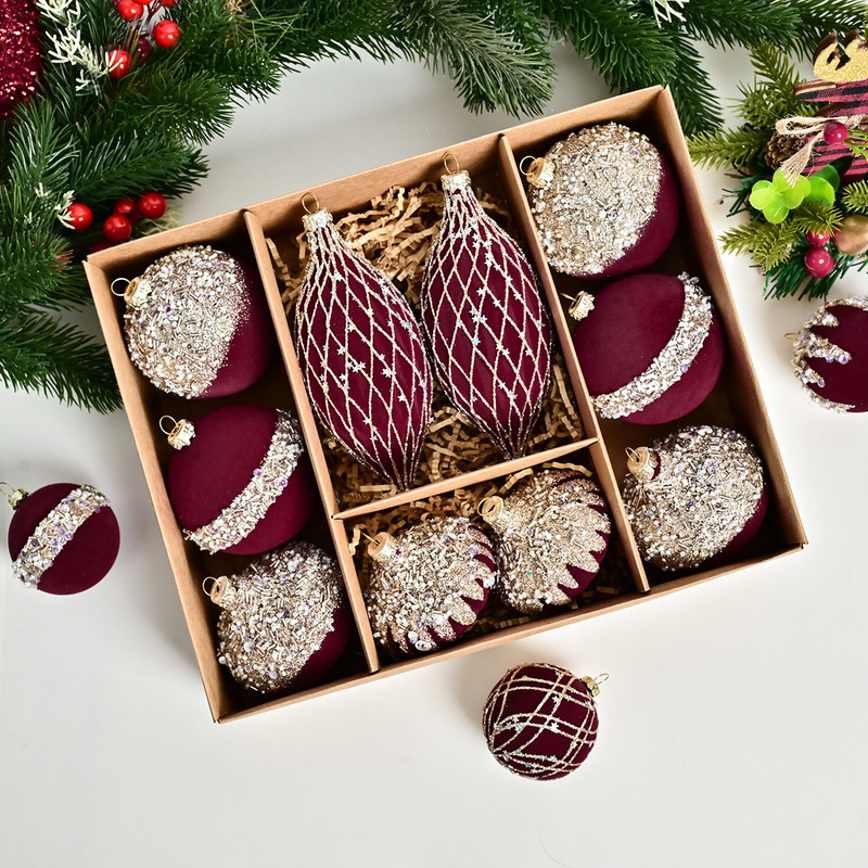 クリスマスの装飾の手描きのダイヤモンドの高級な軽豪華な植毛ボール10PCS-異形の手描きのダイヤモンドの植毛ボール|undefined