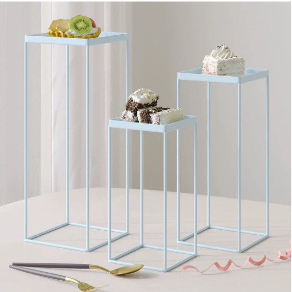 Postre transfronterizo, portavasos de papel, mesa alta, decoración de bodas, bandeja de exhibición de metal, pastel de hierro dorado cuadrado de tres piezas