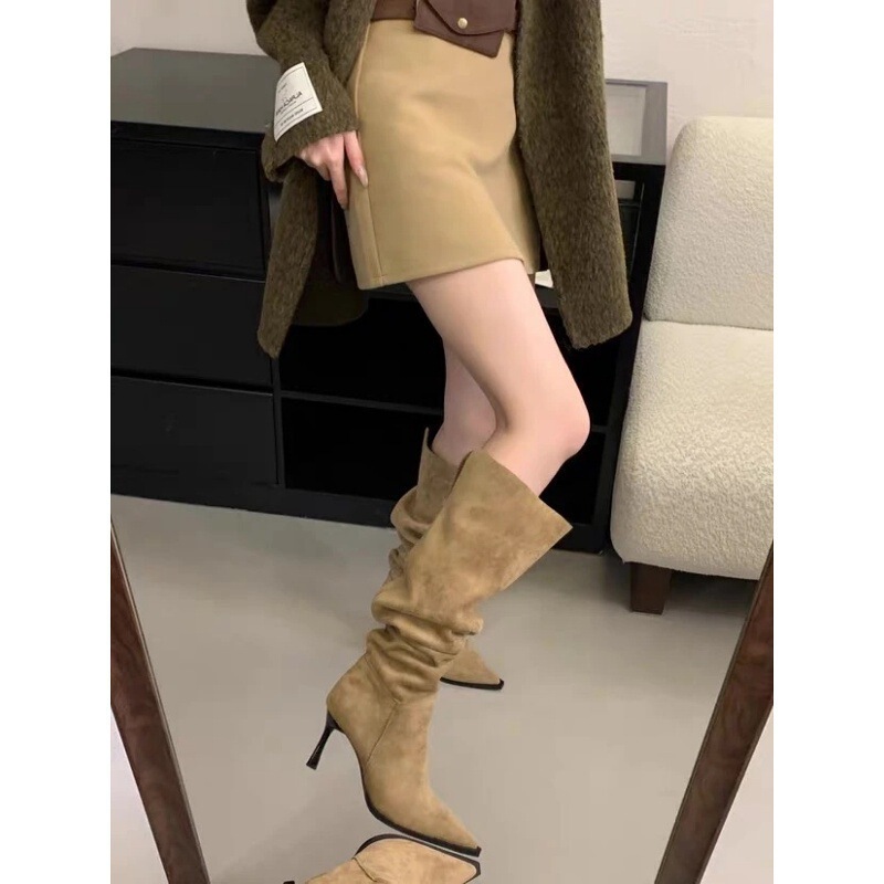 一靴多穿~法式尖头高跟过膝靴子设计感翻领堆堆靴女大筒围长筒靴|undefined