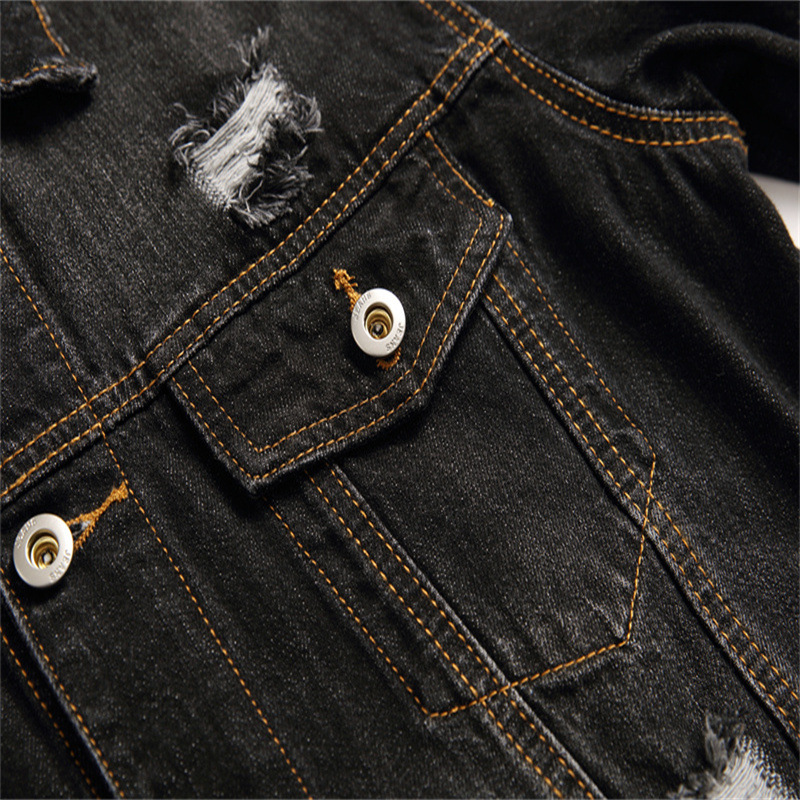 Veste noire déchirée avec poche sur la couture latérale, veste en jean ample à simple boutonnage en coton pour jeunes hommes_voghion.com