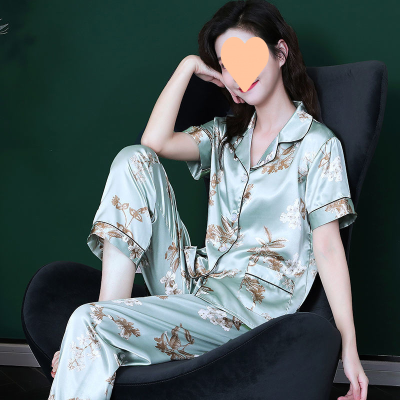 Summer Women's Ice Silk Two-Piece Suit Pajamas Women's Summer Short-Sleeved Silk Thin Large Size Home Clothes Spring and Autumn