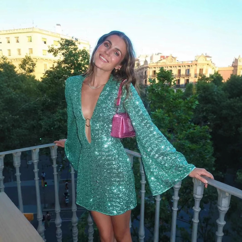 2024 European and American Cross-border Women's Autumn Dress Personalized Street Sexy Hollow Sequin Mini Dress dress 2024 European and American Cross-border Women's Autumn Dress Personalized Street Sexy Hollow Sequin Mini Dress dress
