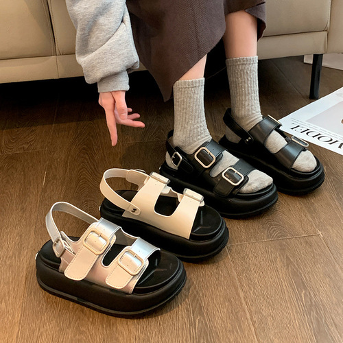 Roman sandals for women 2024 summer new thick-soled Korean-style retro round-toe double strap student casual beach sandals