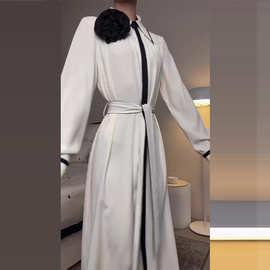 2024秋季新款欧美亚马逊跨境时尚撞色翻领长款气质优雅长袖连衣裙