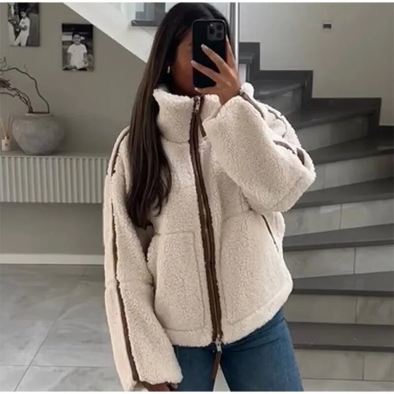 Cross-Border Fashion Warm Contrast Color Lamb Wool Jacket Women's Long Sleeve Zipper Jacket 2025 Autumn and Winter New High Street Wear