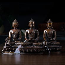 尼泊尔紫铜手工雕花《三世佛》释迦牟尼药师阿弥陀佛家用铜像摆件
