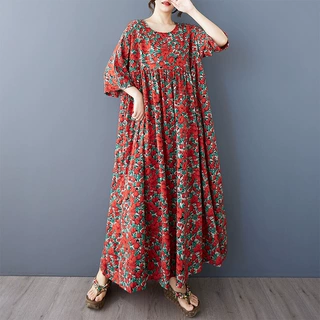 2025夏季新款中老年妈妈装花朵印花圆领肩连袖大摆外贸连衣裙女