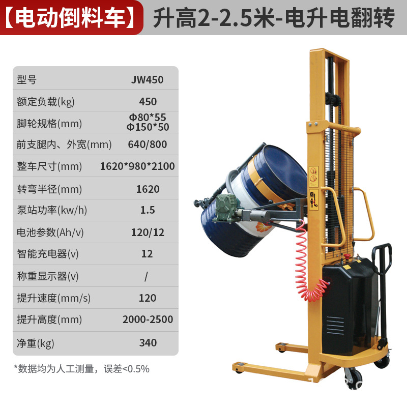 Carrileta elevadora de barril eléctrico de aceite elevación camión de descarga hidráulico de barril de barril de hierro camión de transporte de barril de plástico pesado