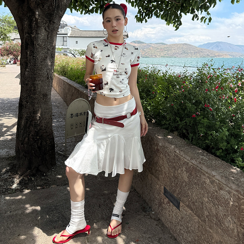 MMFISH moda estilo occidental retro chica caliente estampado nicho diseño sentido contraste color gato perro camiseta de manga corta 25T259