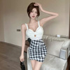 Sexy checkered color blocking patchwork suspender with buttocks and bottom lining dress
