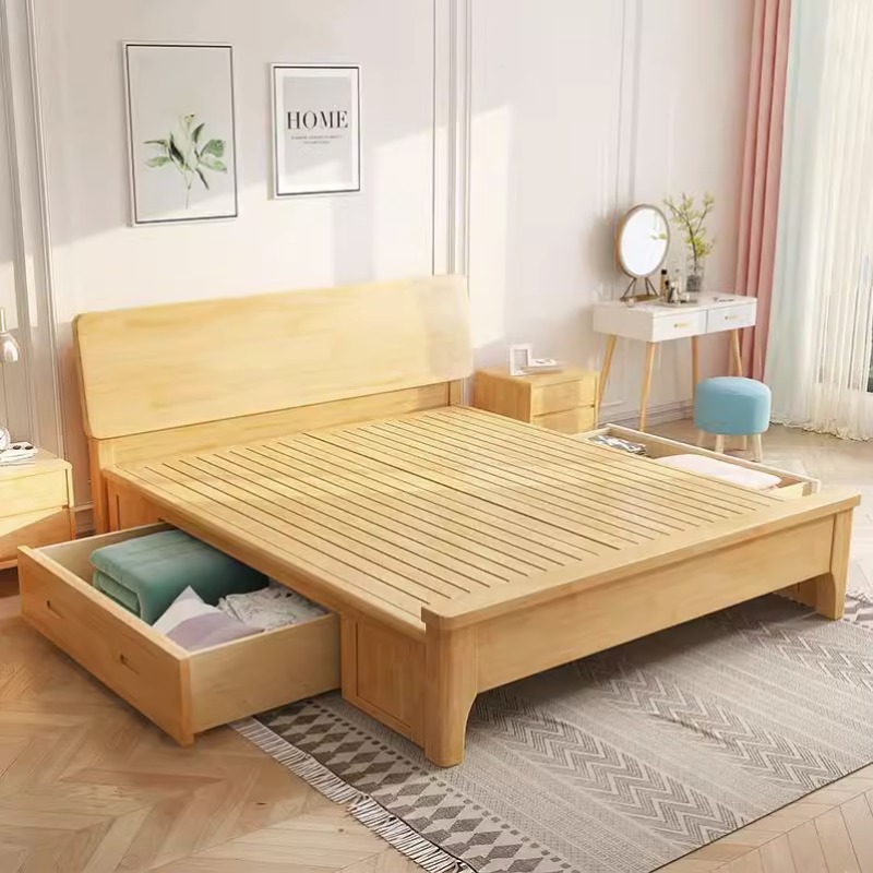 Solid wood bed modern minimalist home master bedroom 1.8-meter double bed 1.5-meter double bed for rent 1.2-meter single bed